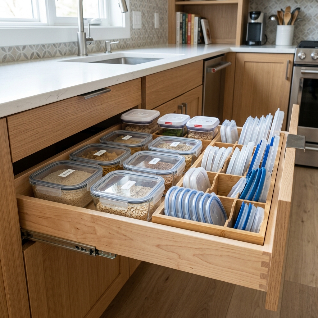 Bamboo drawer dividers organizing food storage containers