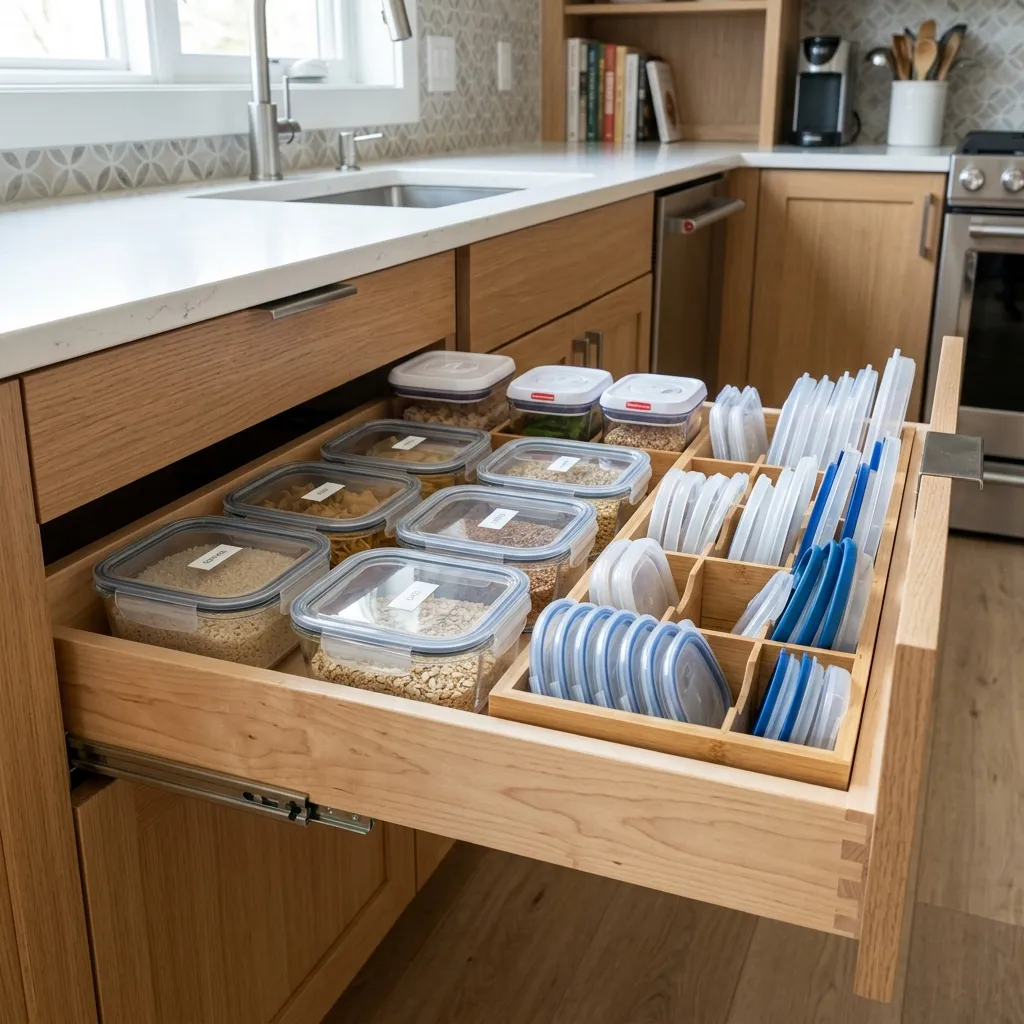 Bamboo drawer dividers organizing food storage containers
