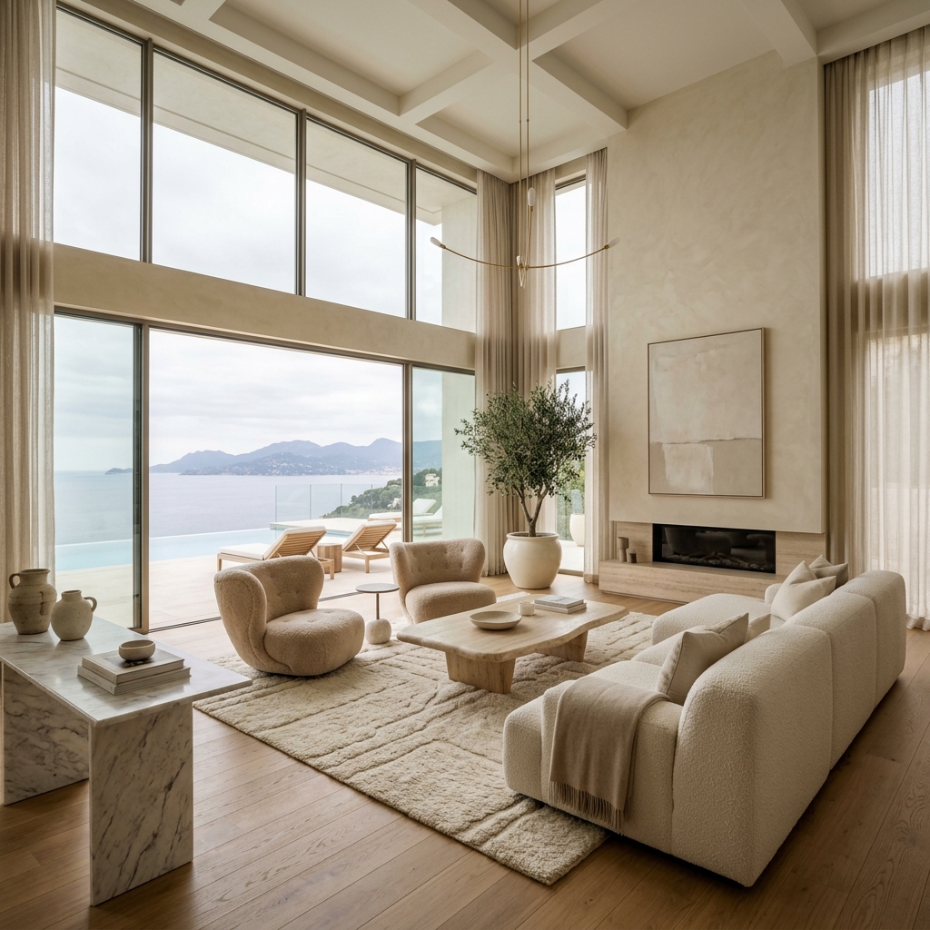 A perfectly styled luxury modern living room with neutral tones