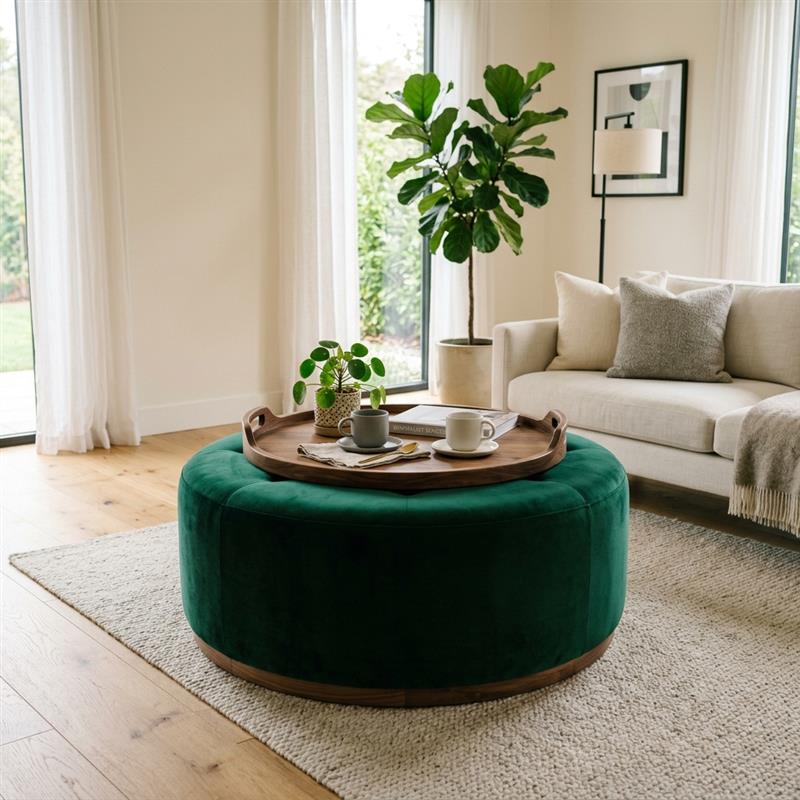 Emerald green velvet storage ottoman with a tray