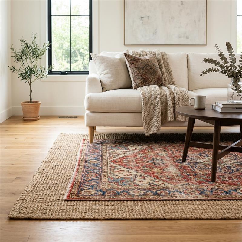Layered rugs in a minimalist living room