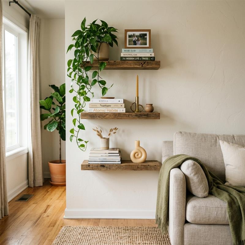 Minimalist white floating shelves setup