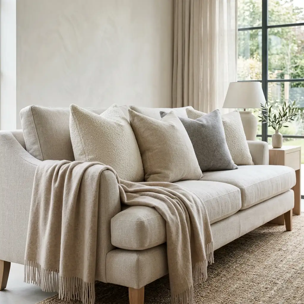 Textured cushions and throw on a neutral sofa