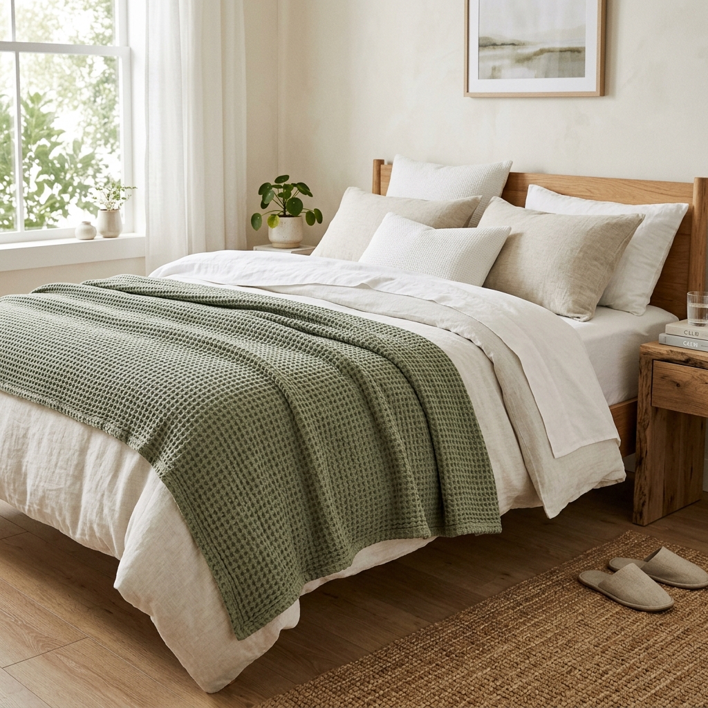 A sage green waffle knit throw blanket