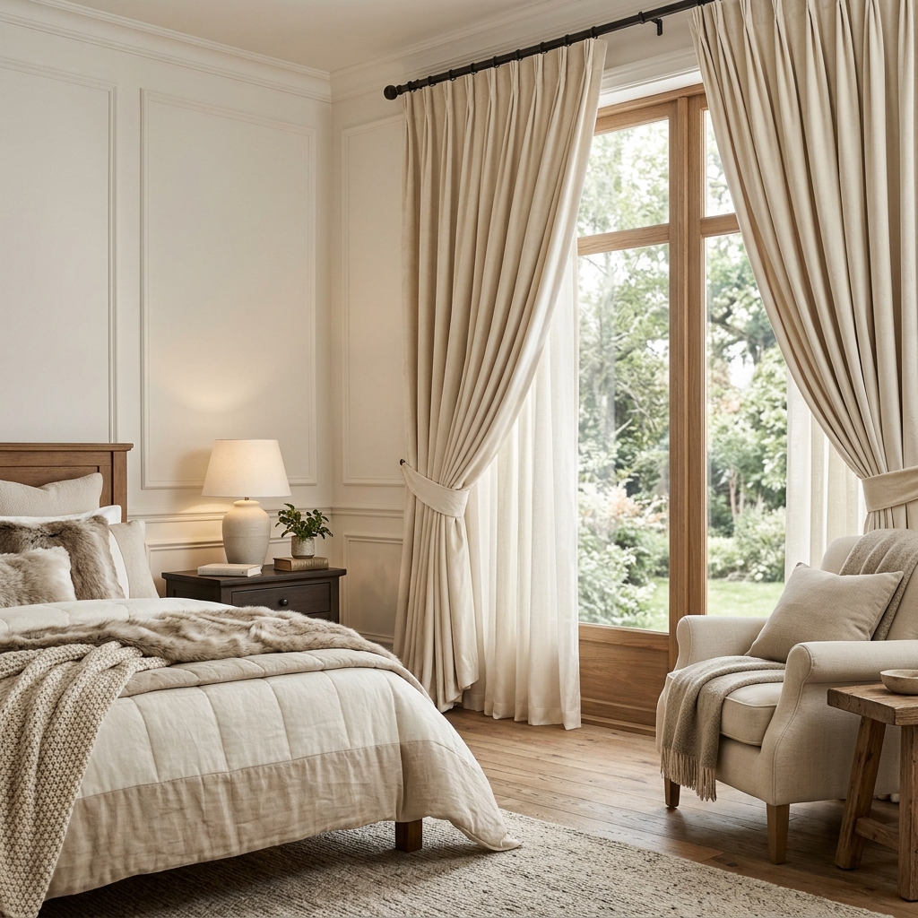 Heavy cream-colored velvet blackout curtains