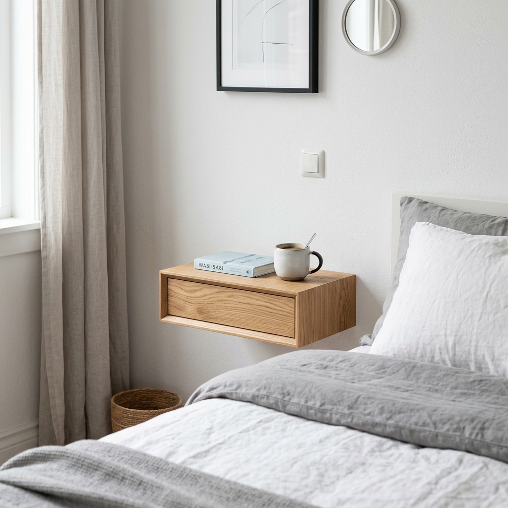 A minimalist floating wood nightstand