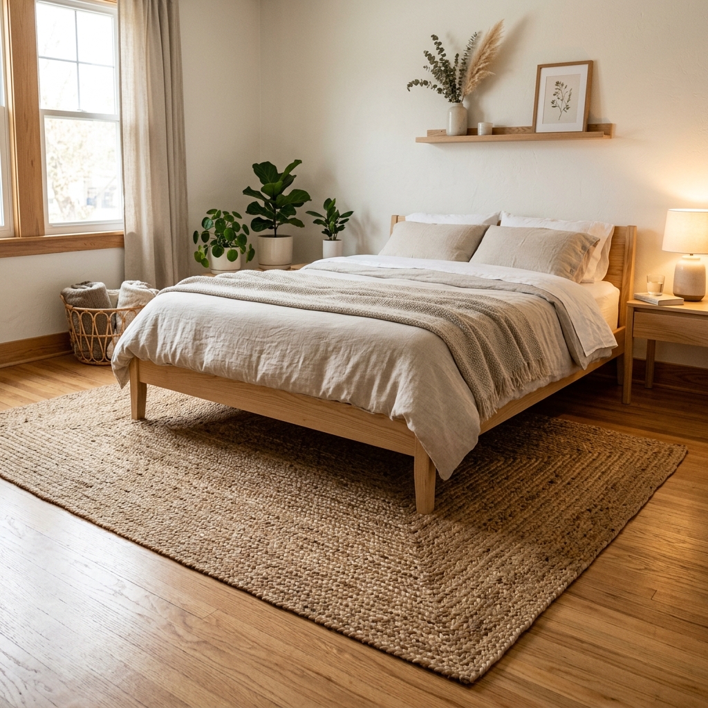 A natural jute area rug placed under a bed