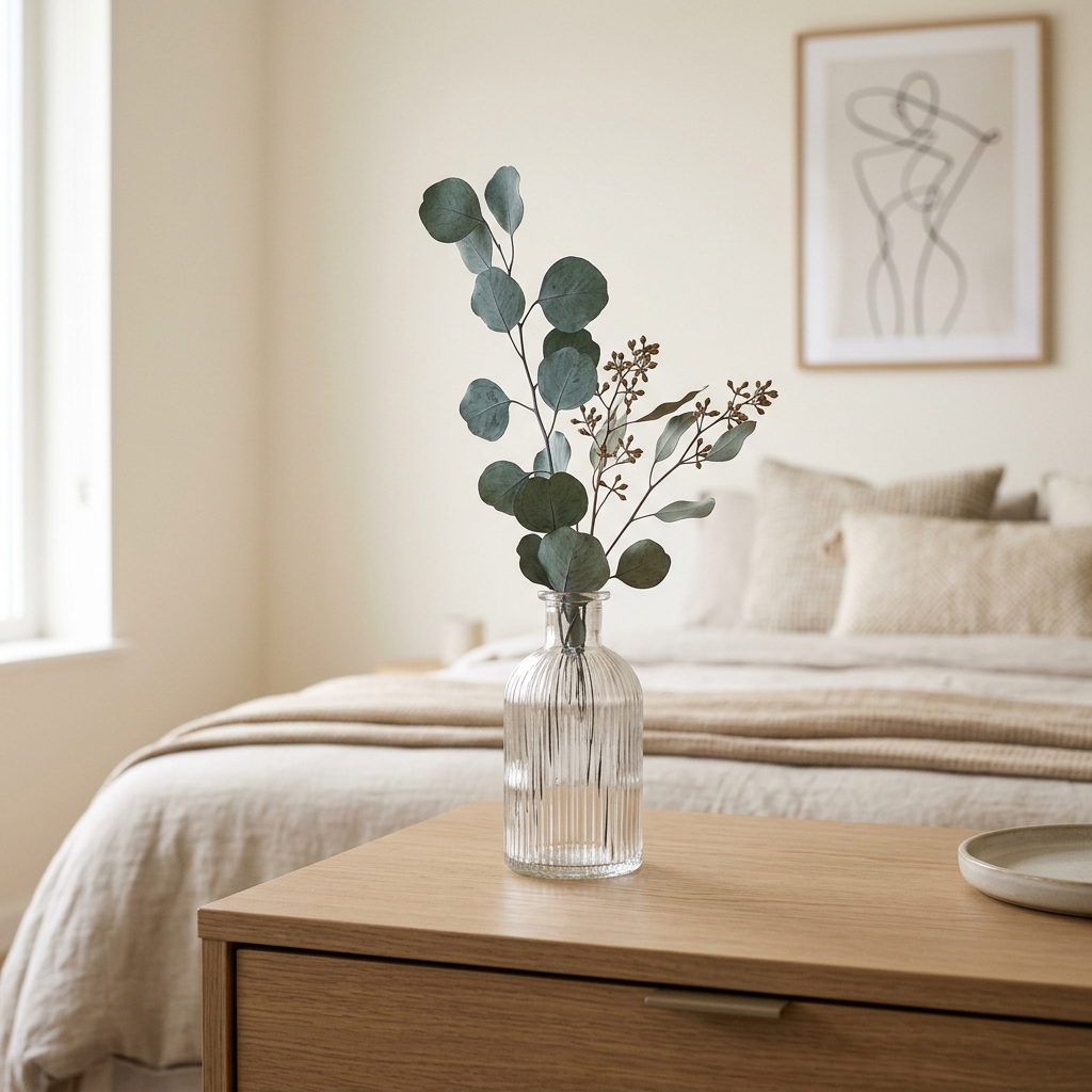 A clear ribbed glass bud vase holding eucalyptus