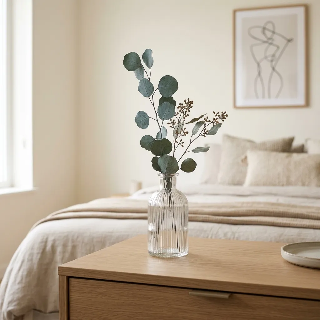 A clear ribbed glass bud vase holding eucalyptus