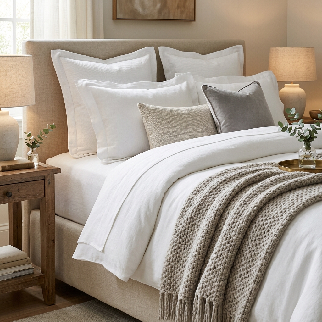 Close-up of beautifully layered luxury bedding