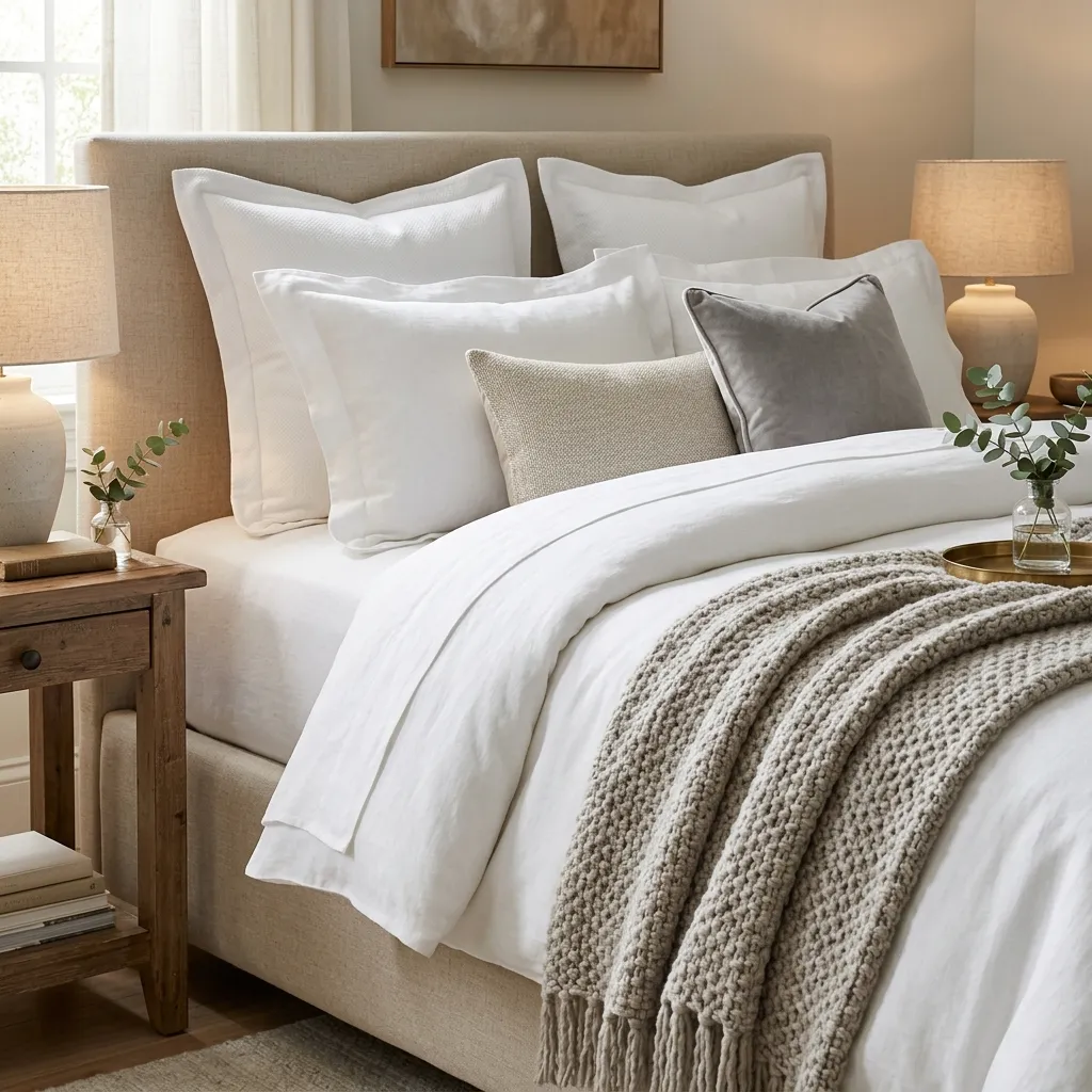 Close-up of beautifully layered luxury bedding