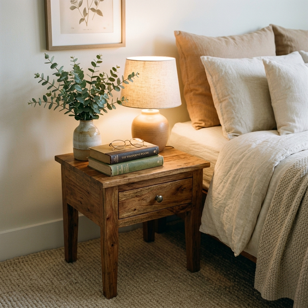 Close-up of a beautifully styled wooden nightstand next to a bed