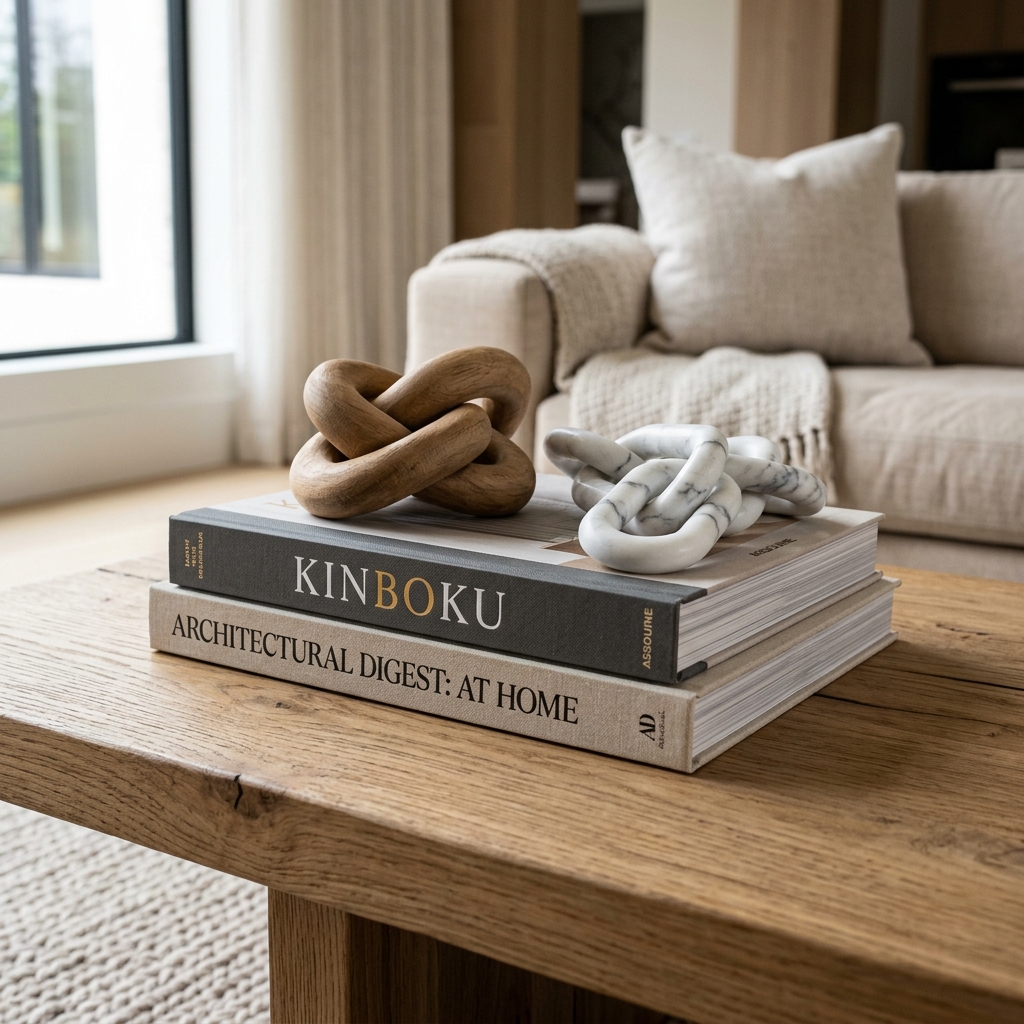 Stacked designer coffee table books with a sculptural wooden knot and marble chain
