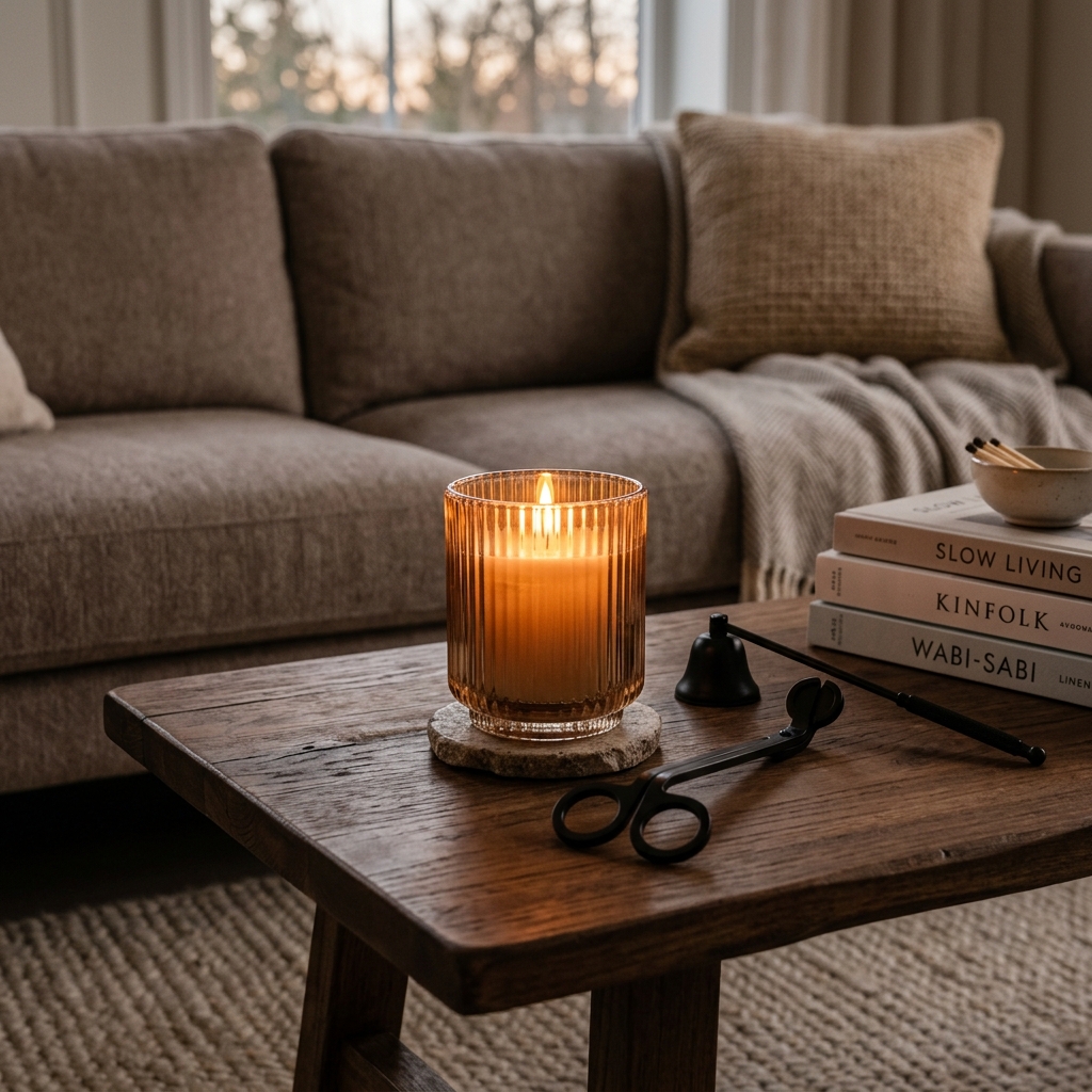 A fluted glass candle holder casting a warm glow next to a matte black wick trimmer