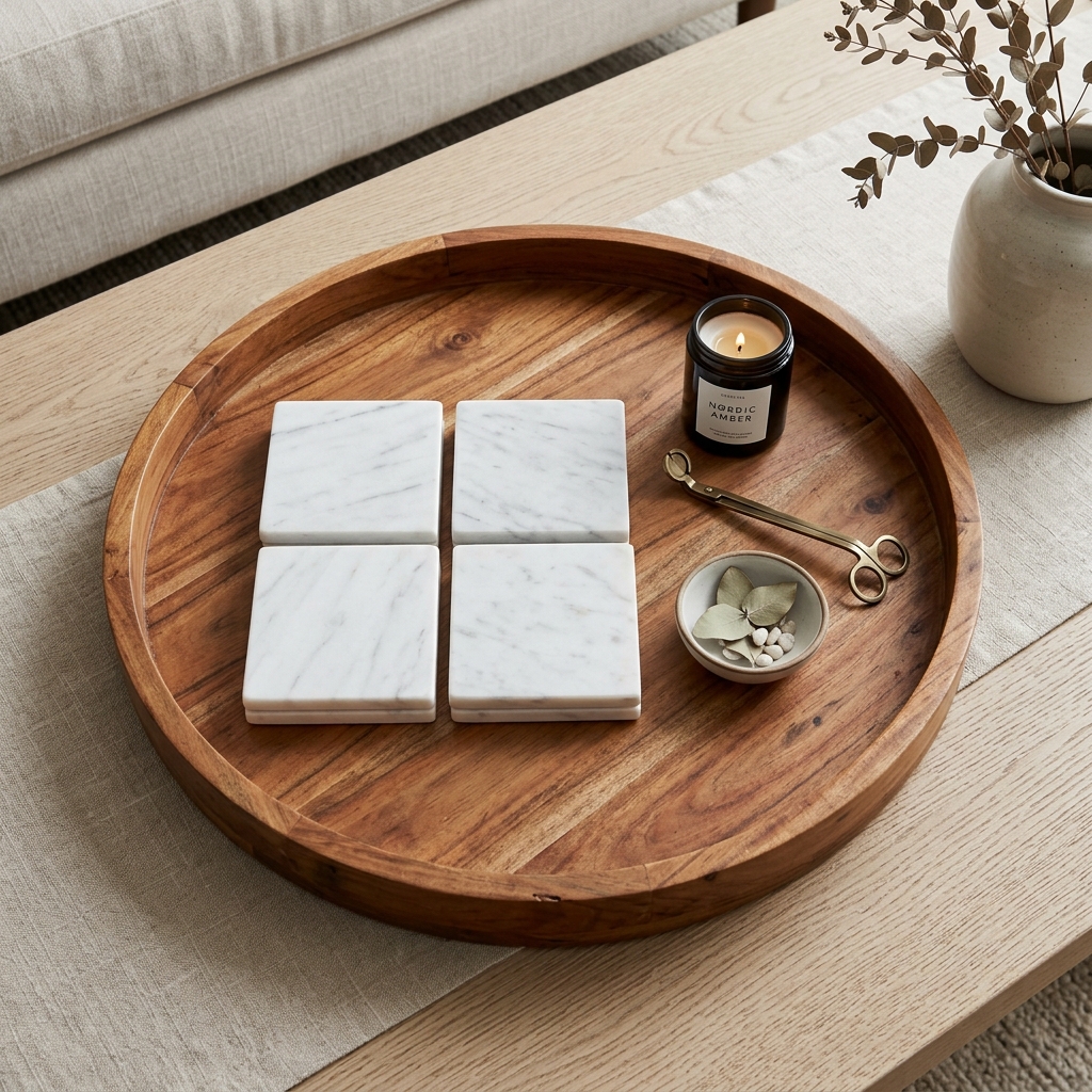A large round decorative wooden tray containing minimalist marble coasters