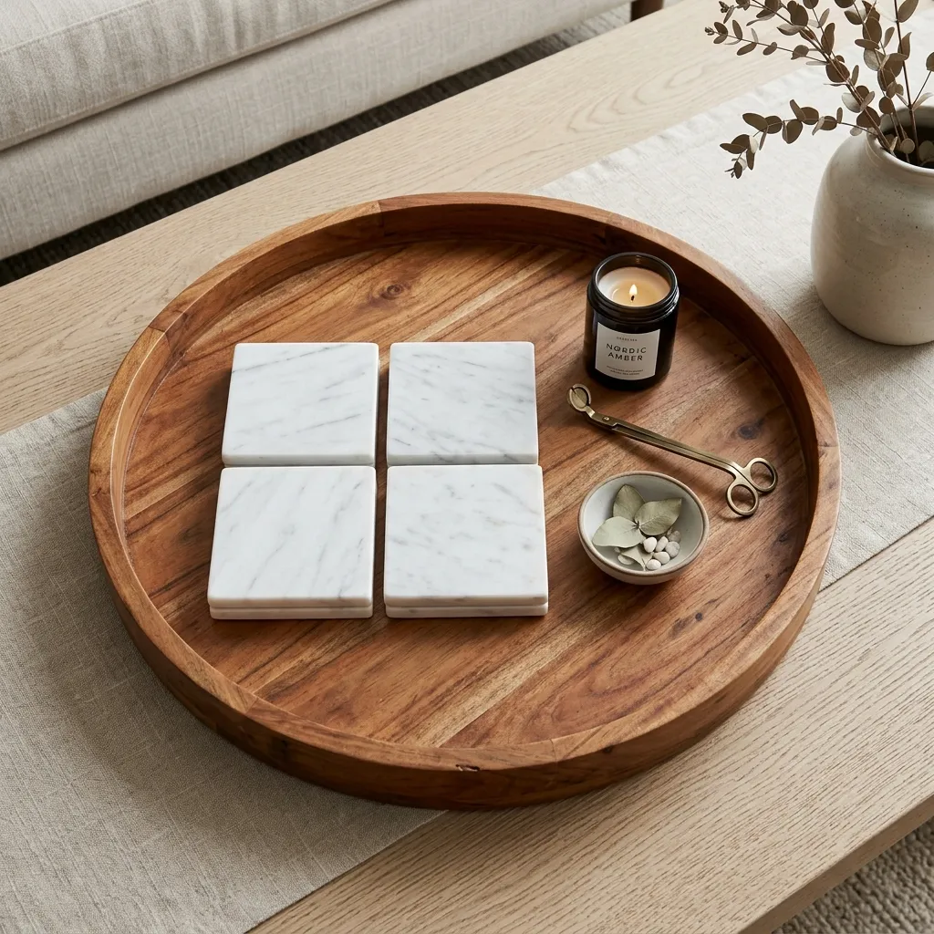 A large round decorative wooden tray containing minimalist marble coasters