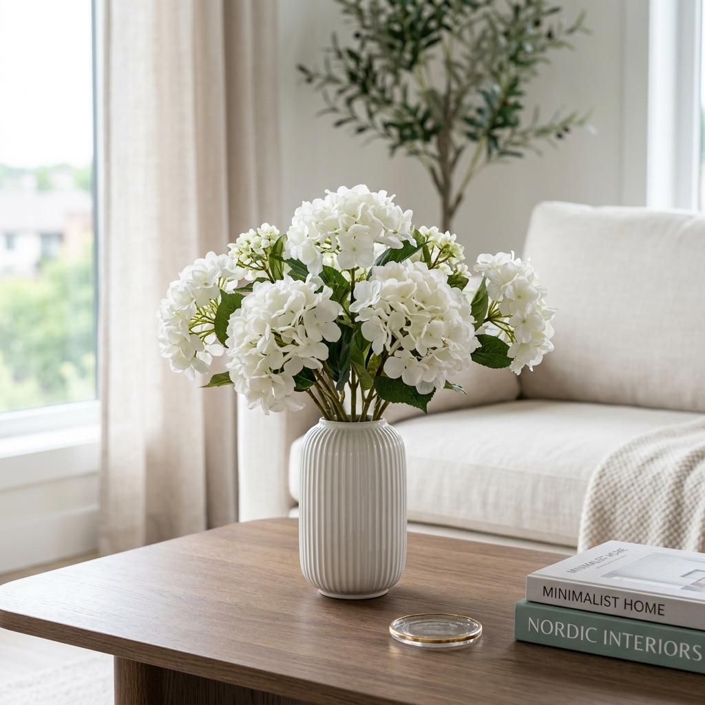 A small elegant ribbed ceramic vase filled with lush white faux hydrangeas