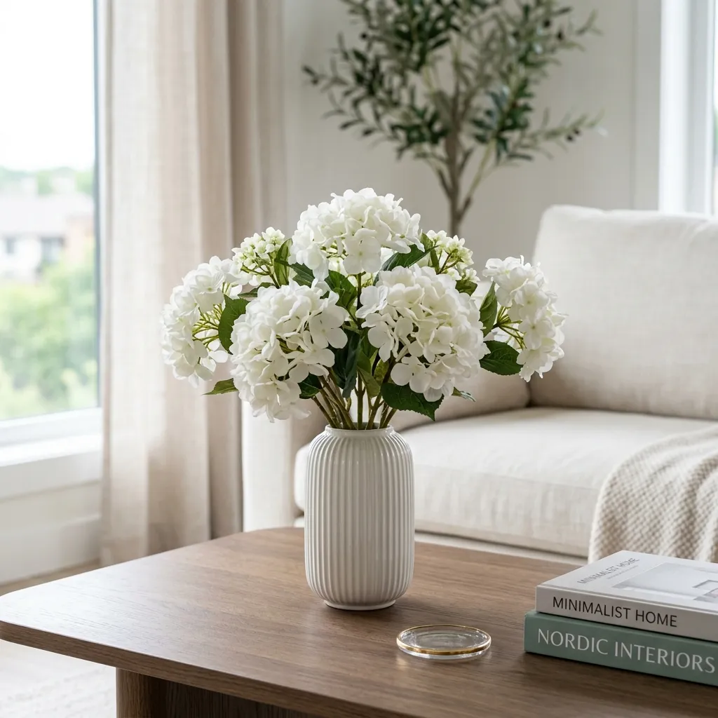 A small elegant ribbed ceramic vase filled with lush white faux hydrangeas