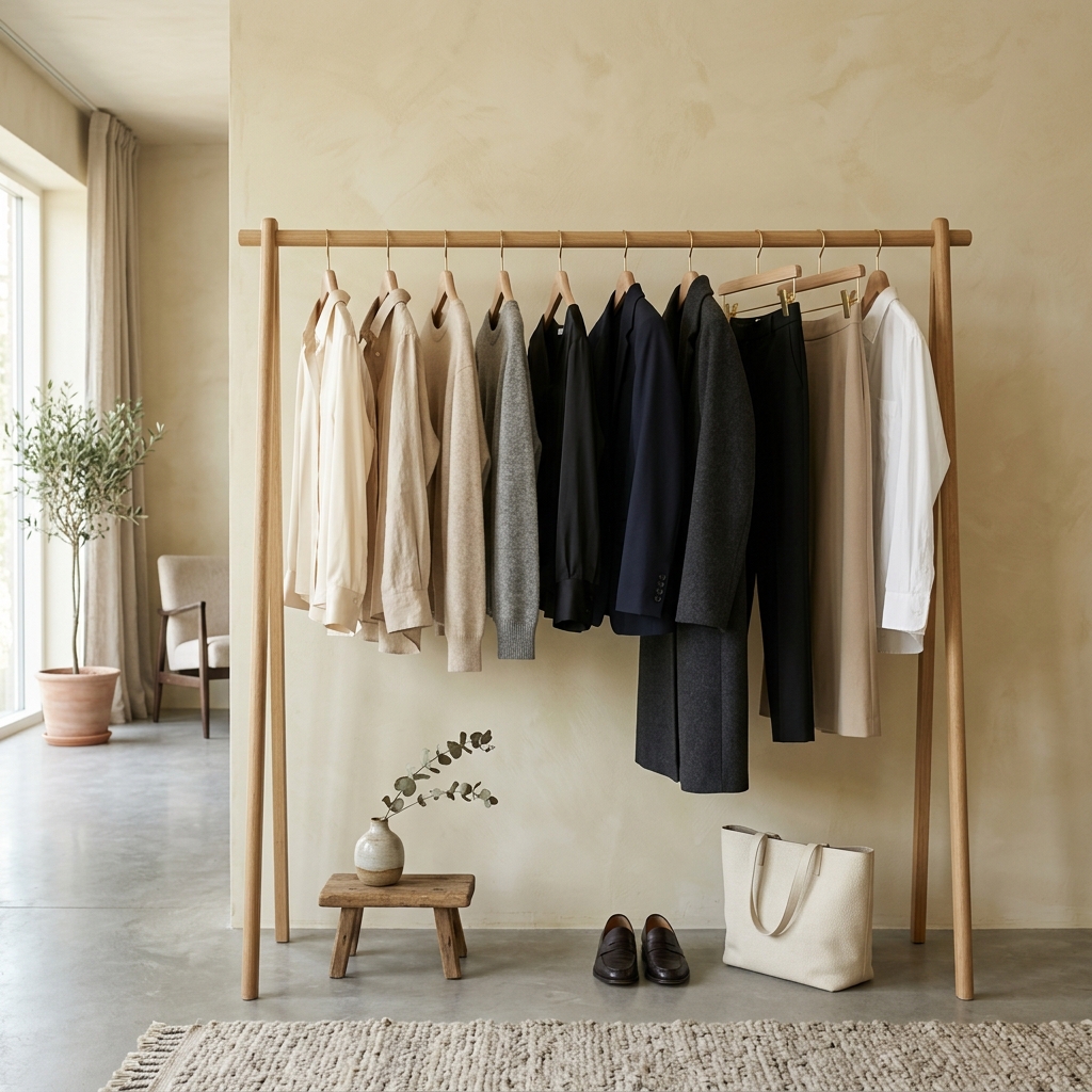 A beautifully minimalist capsule wardrobe hanging on a wooden rack