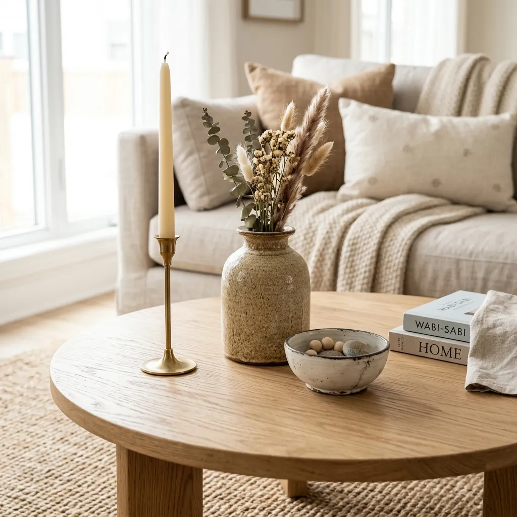 A styled coffee table with three decor items demonstrating the rule of three