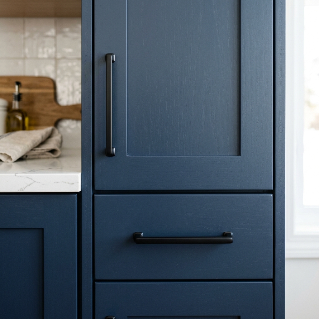 Close up of beautiful kitchen cabinet with matte black hardware