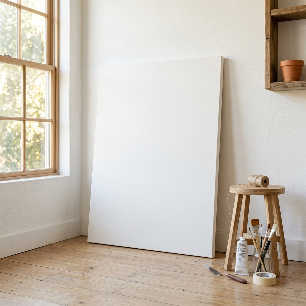 A large blank white artist canvas leaning against a wall