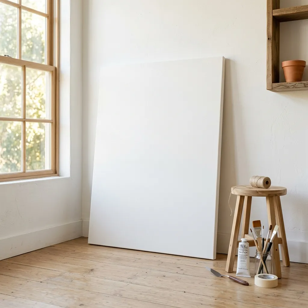 A large blank white artist canvas leaning against a wall