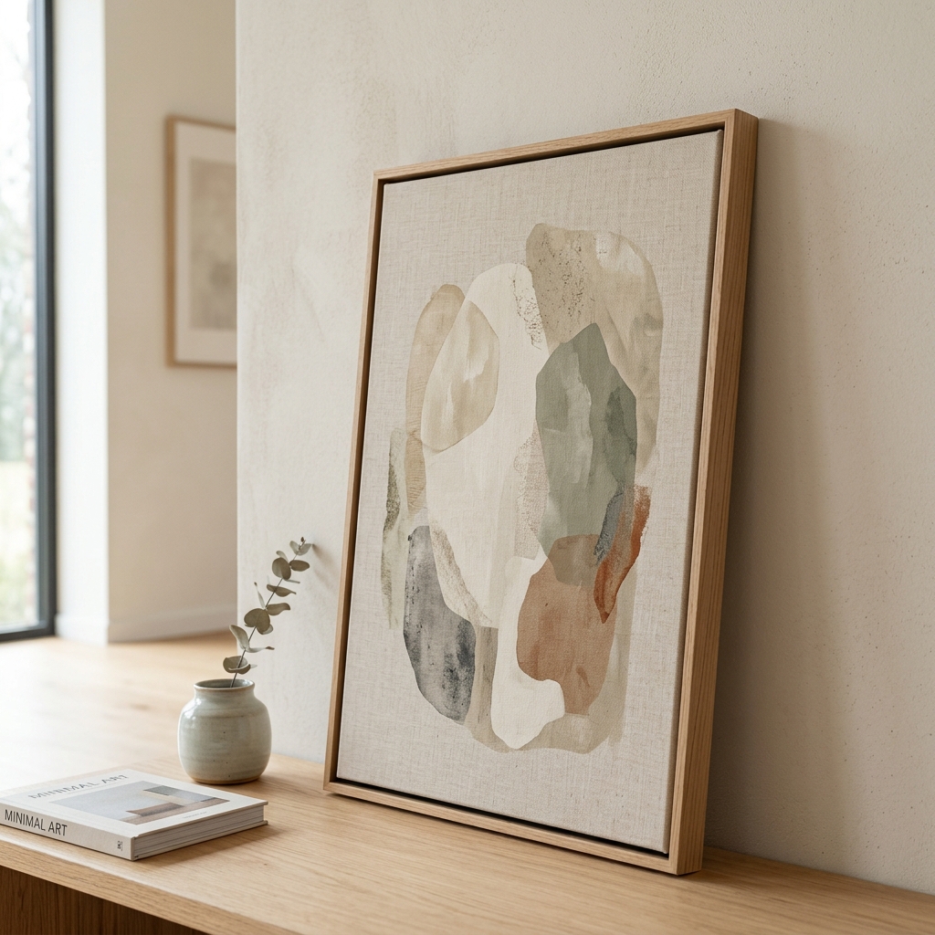 A thin natural wood floating frame leaning against a wall