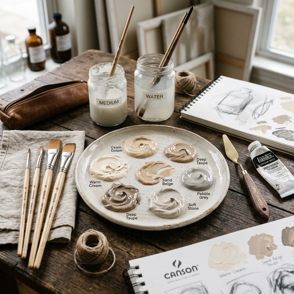 A palette of neutral acrylic paints in shades of cream and beige