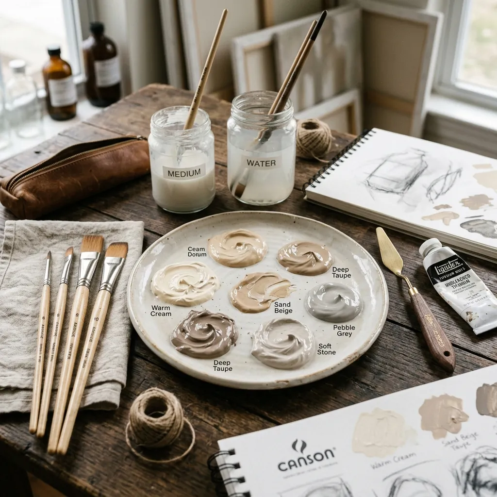 A palette of neutral acrylic paints in shades of cream and beige