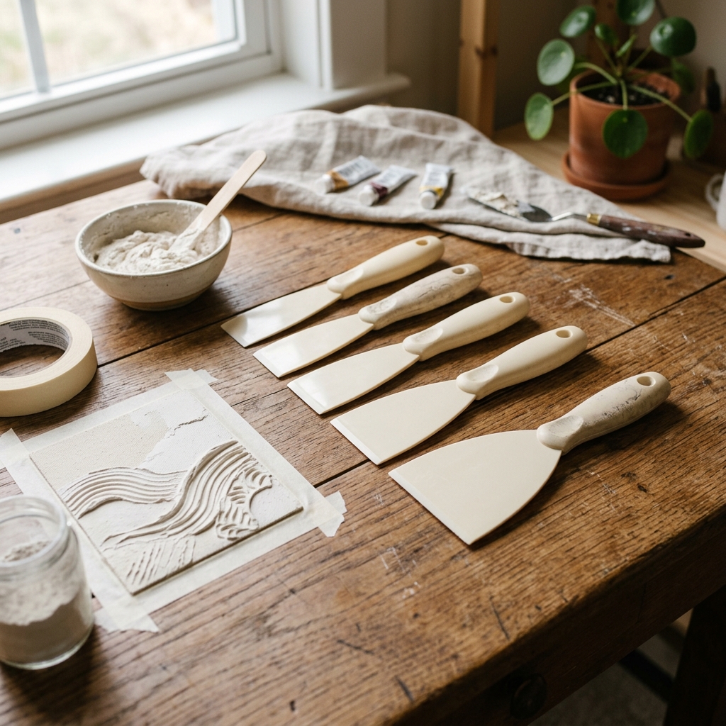 A set of clean plastic putty knives sitting on a wooden table