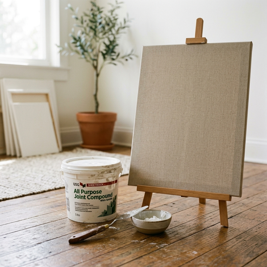 A tub of white drywall joint compound spackle