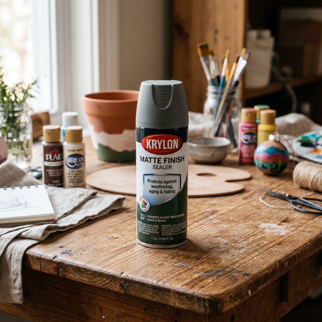 A matte spray paint sealer can sitting on a wooden table