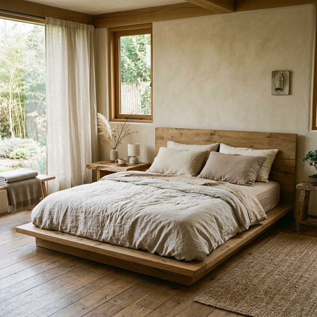 A low profile minimalist wooden platform bed frame