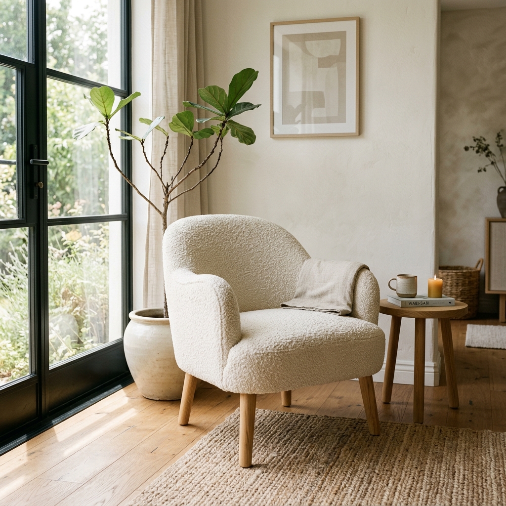 A cream boucle accent chair with natural oak wood legs