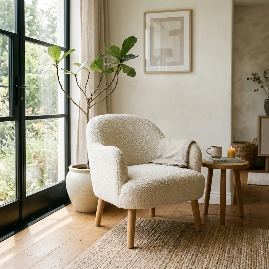 A cream boucle accent chair with natural oak wood legs