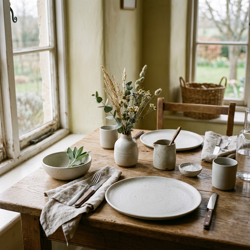 A beautifully set minimalist dining table featuring matte neutral stoneware
