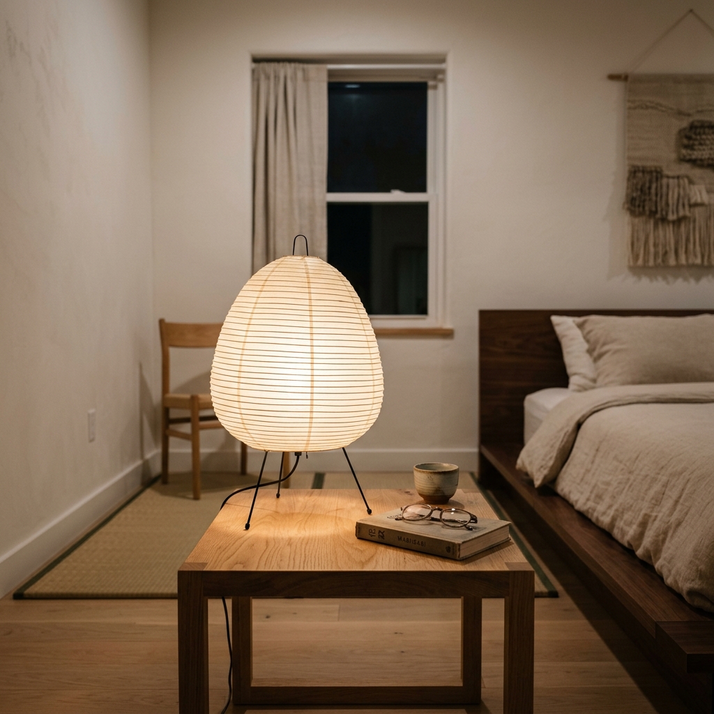 A traditional Japanese Noguchi-style paper lantern table lamp