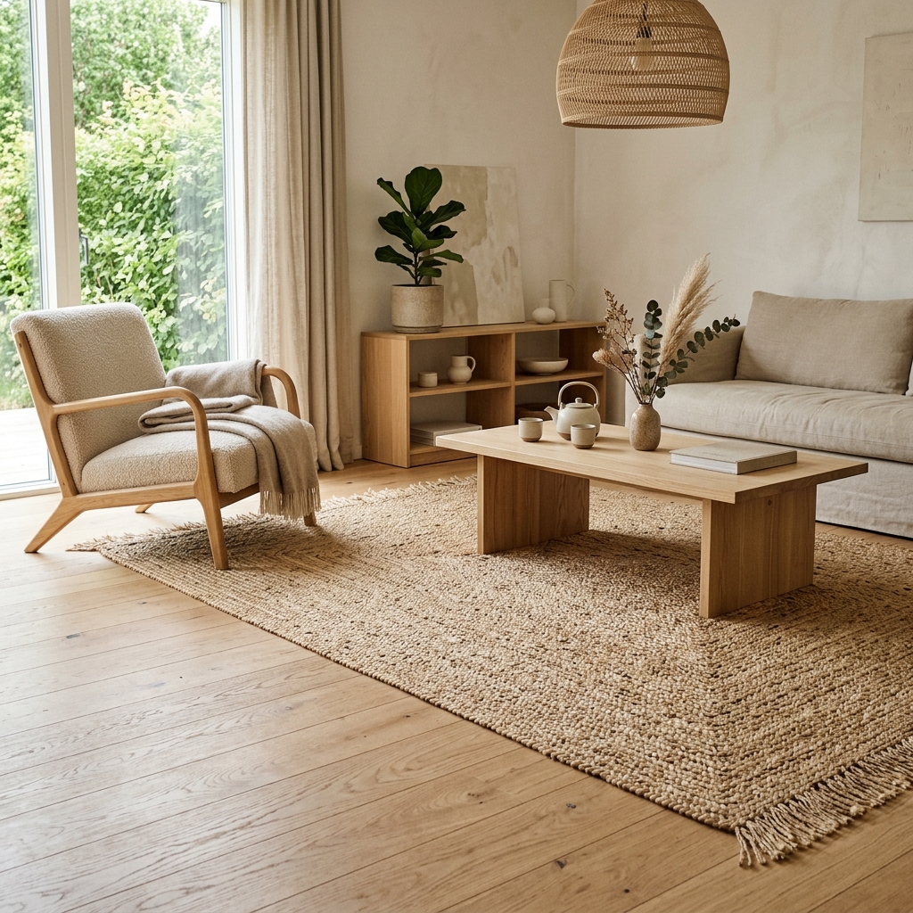 A natural woven jute area rug on a light oak wooden floor