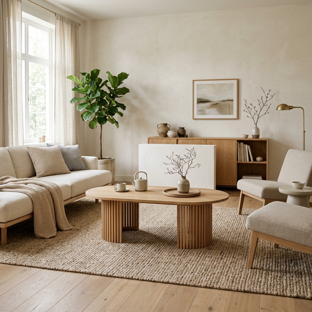 An oval slatted wood coffee table