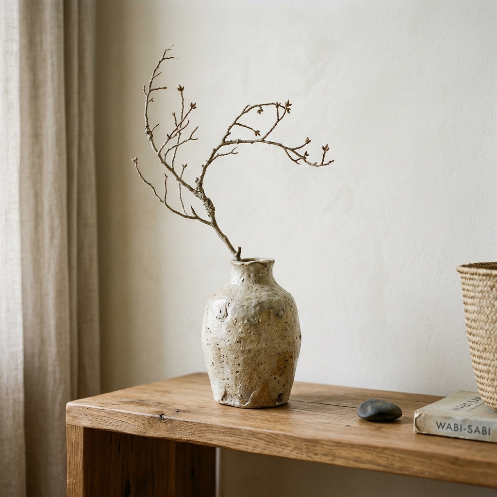 A textured, matte ceramic wabi-sabi vase holding a single dried branch