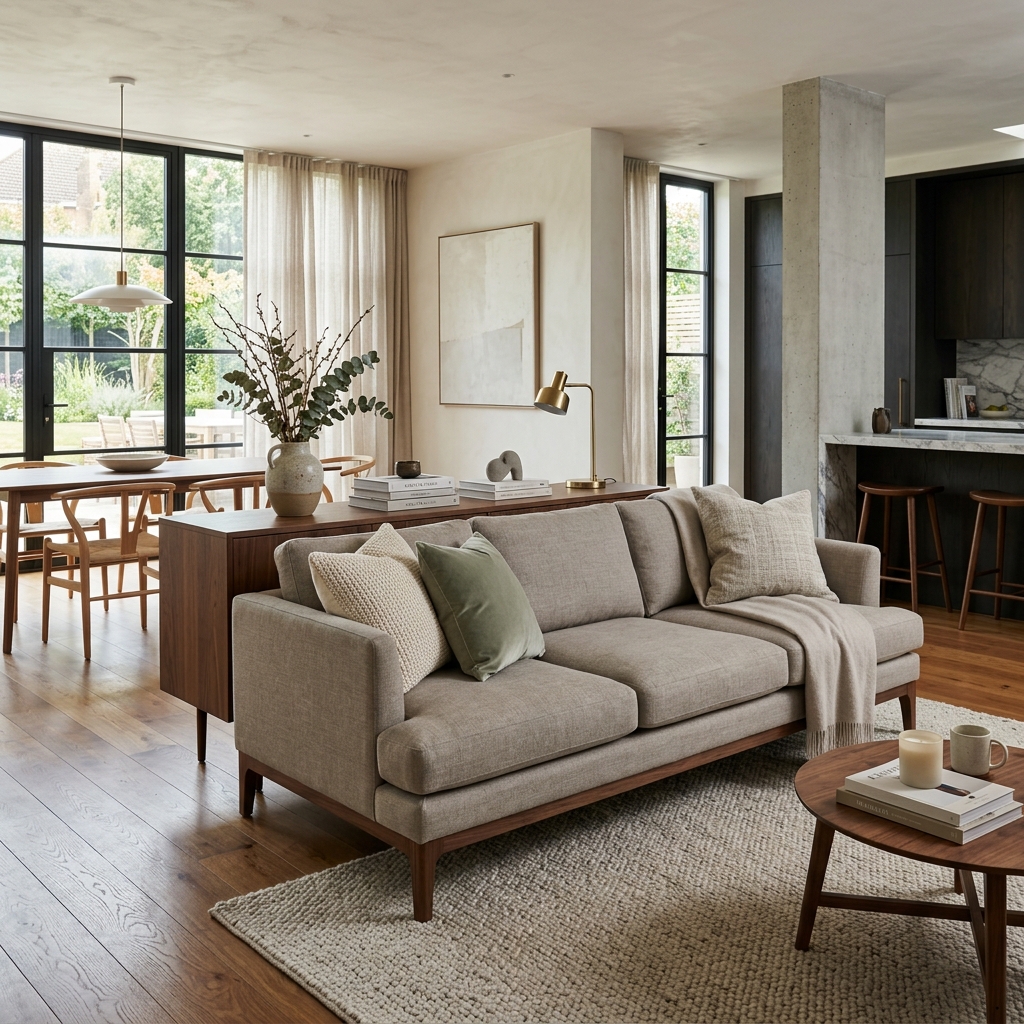 A sofa floating in the middle of an open concept room with a console table behind it