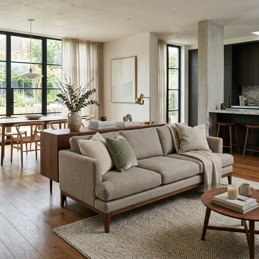 A sofa floating in the middle of an open concept room with a console table behind it