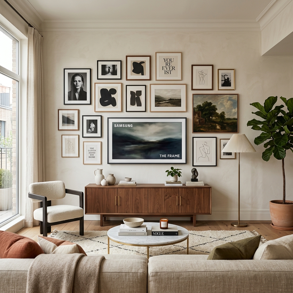 A living room where the TV is blended into a gallery wall or sits above a beautiful styled console