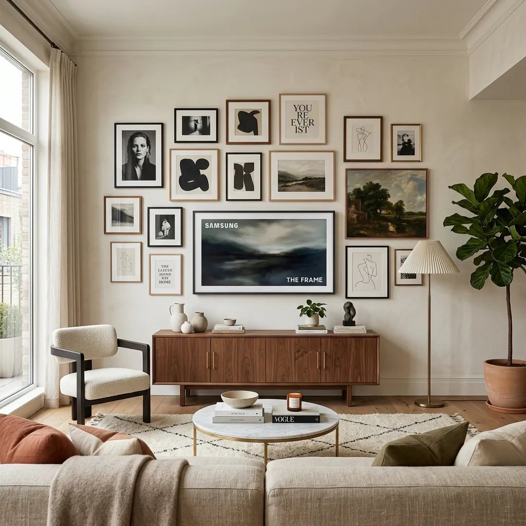A living room where the TV is blended into a gallery wall or sits above a beautiful styled console