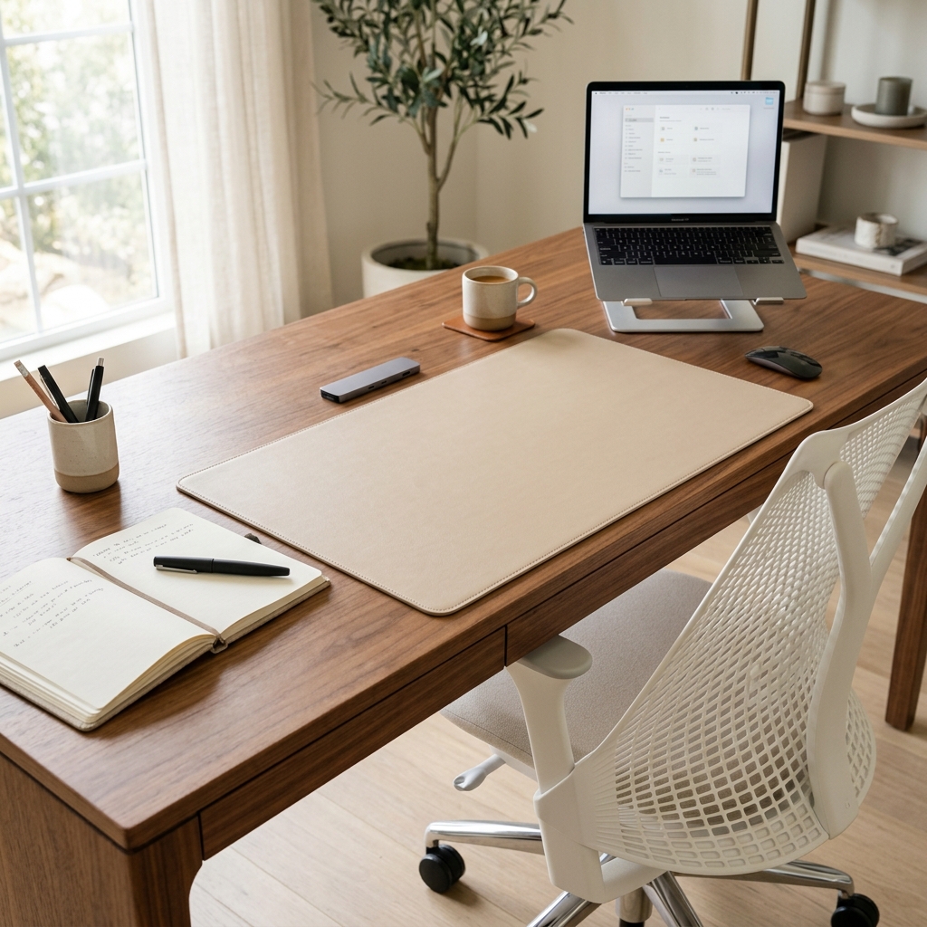 A close-up editorial shot of a pristine warm-wood writing desk with a modern white ergonomic office chair