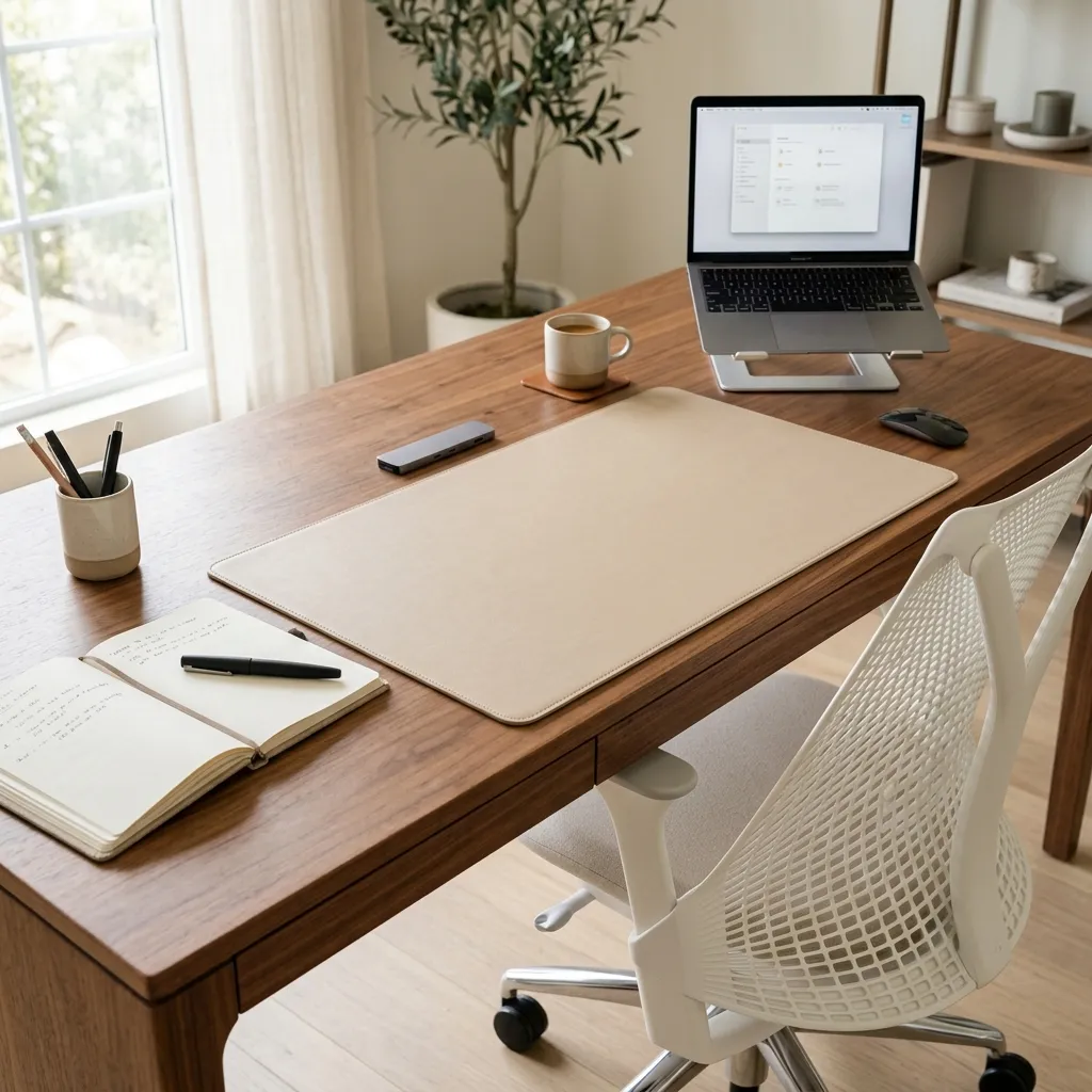 A close-up editorial shot of a pristine warm-wood writing desk with a modern white ergonomic office chair