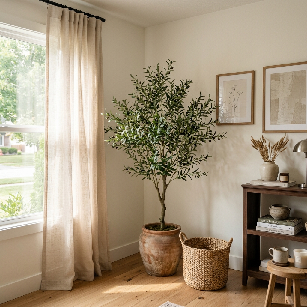 A beautifully styled corner with a large faux olive tree, sheer curtains, and a woven wastebasket