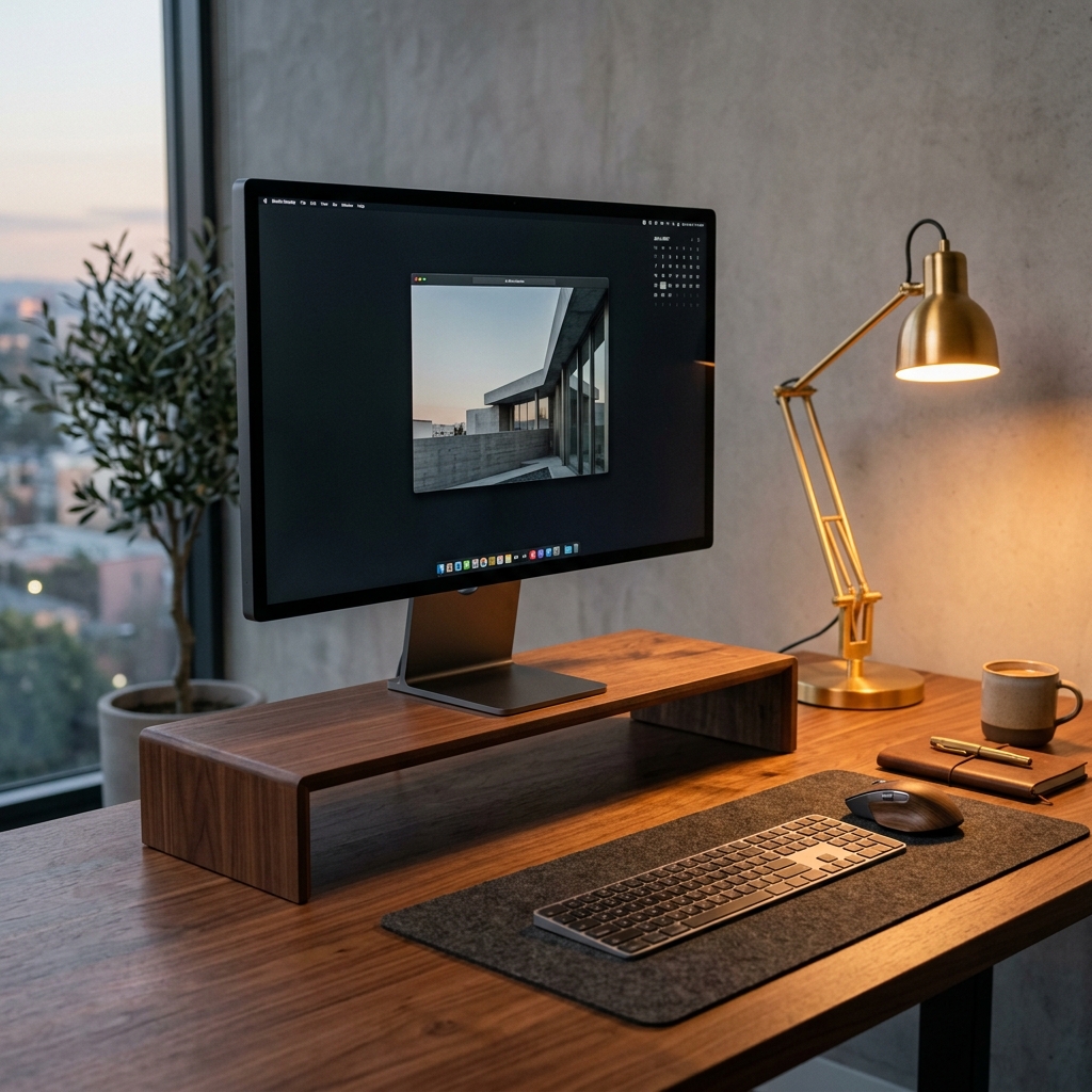A beautiful wooden monitor riser stand holding a sleek display beside an elegant brass desk lamp