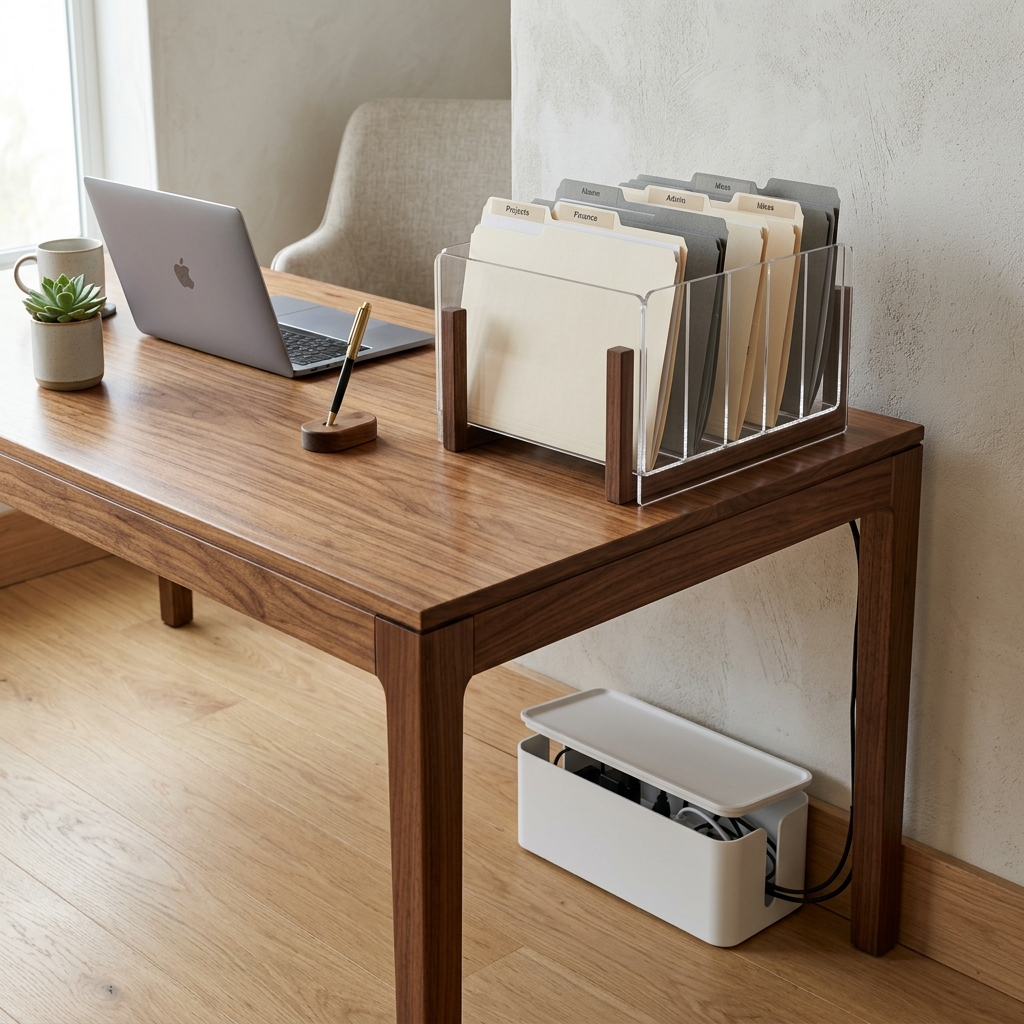 A minimalist white cable management box and an aesthetic acrylic file organizer on a wooden desk